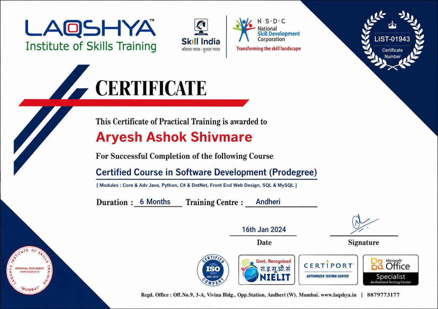 Software Development Prodegree, Laqshya Institute of Skills Training