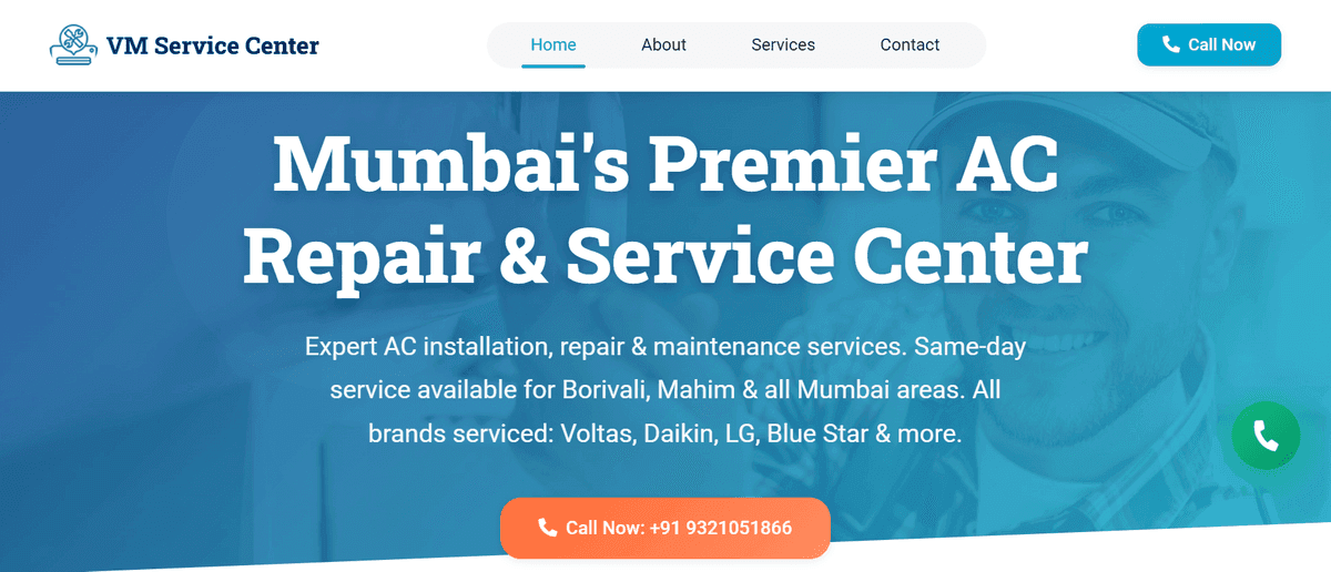 Screenshot of VM Service Center: AC Repair Service Website